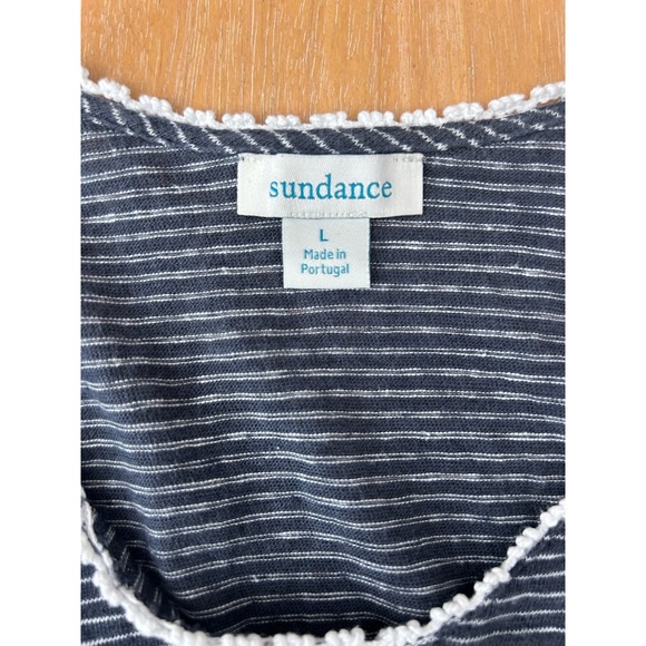 Sundance Womens Large Linen Striped V-Neck Top Navy Blue Crochet Trim Coastal - Picture 2 of 8